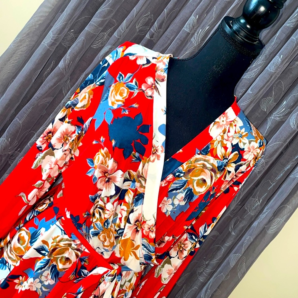 Red Floral Print Maxi Wrap Dress, size 2x